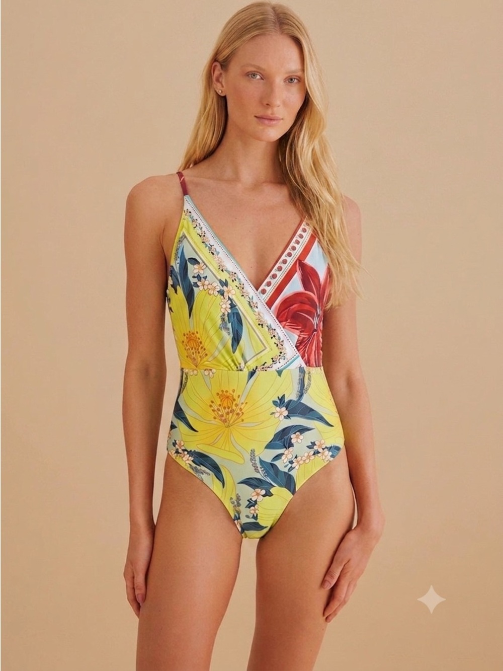 Farm Rio Yellow Floral Wrap V-Neck One Piece Swimsuit XS